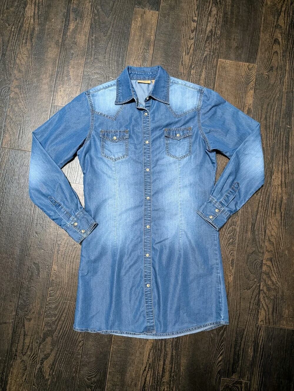 Wrangler Western Denim Dress Pearl Snap Button Down Blue Jean Size S / P